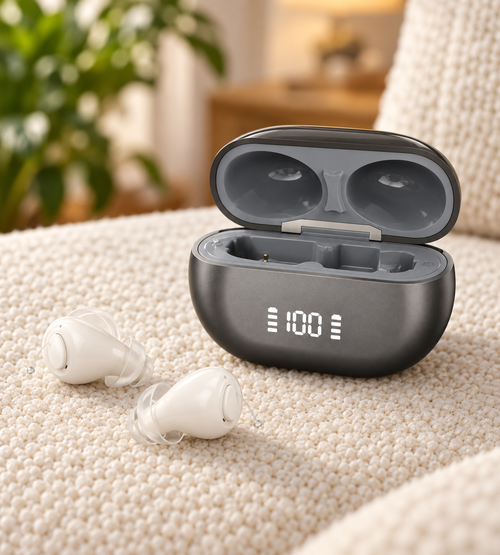 EasyHear Product 2 rechargeable case and ivory hearing amplifiers