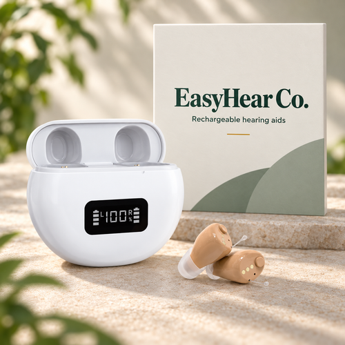EasyHear rechargeable hearing aids with charging case and box on stone surface