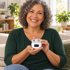 Smiling woman holding EasyHear charging case