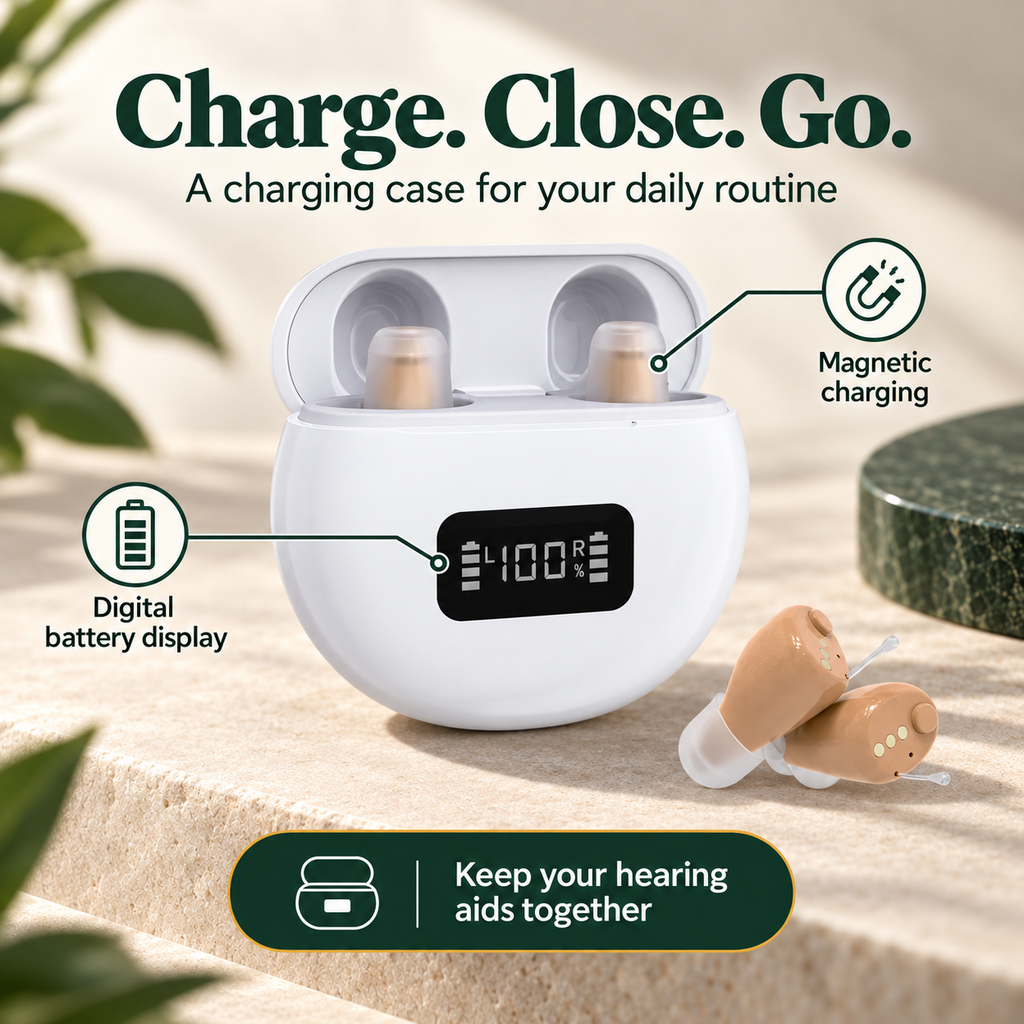 EasyHear charging case with magnetic charging and digital battery display