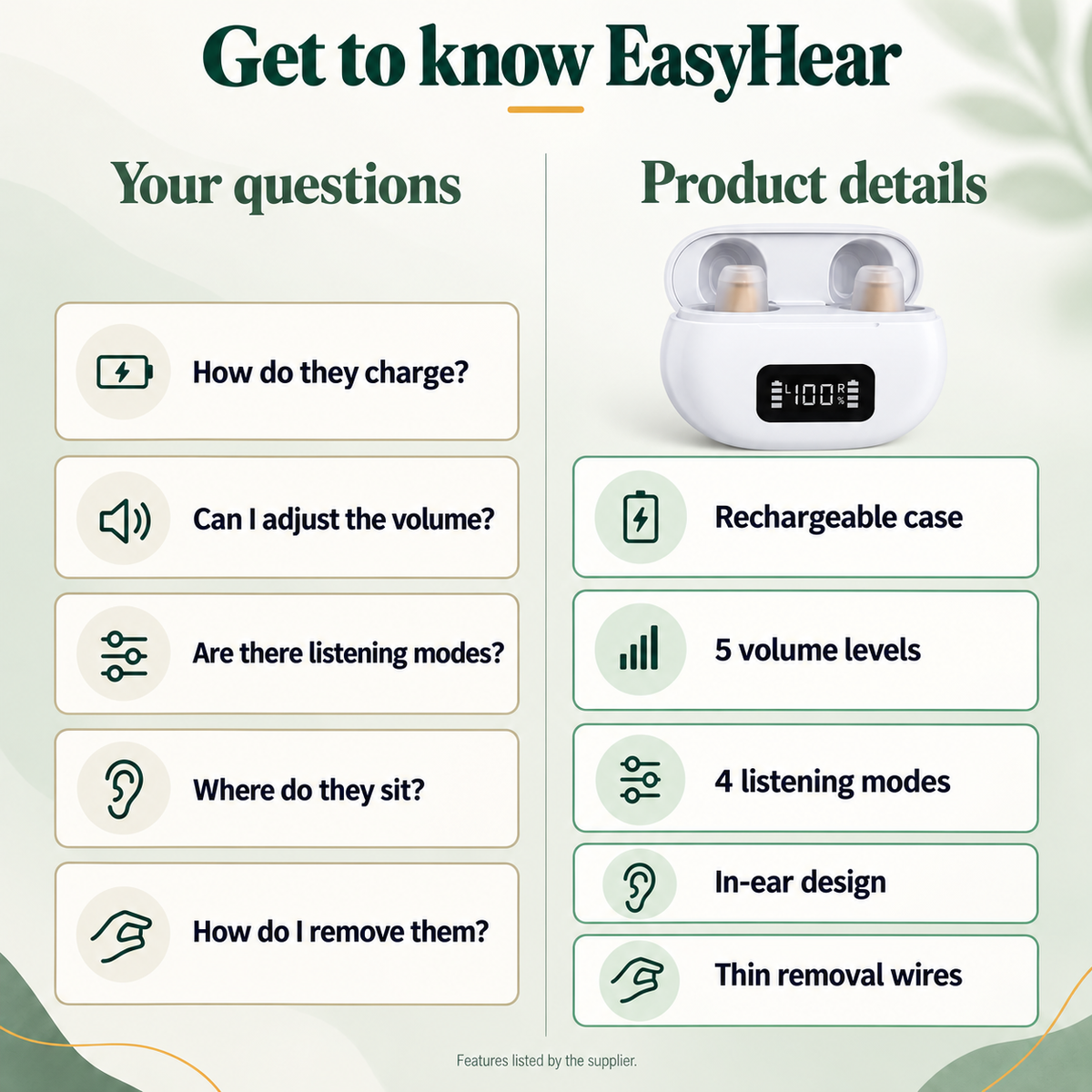 Get to know EasyHear questions and product details chart