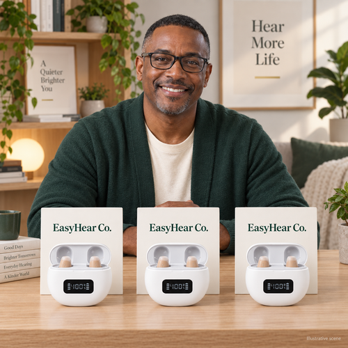 Smiling man with three EasyHear boxes on a table