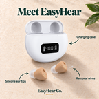 Meet EasyHear - charging case, silicone ear tips, and removal wires labeled